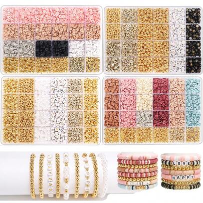 1 صندوق طقم صناعة الأساور متعددة الألوان، طقم أساور الصداقة، خرز اللؤلؤ الاصطناعي، طين بوليمر مسطح ومستدير، إكسسوارات صناعة الأساور من الحجر الأسود، مستلزمات DIY، خرز فاصل للكبار
