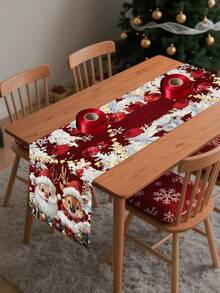 1件红色一品红和金色铃铛圣诞图案涤纶桌旗，节日圣诞风格，100%涤纶长方形桌旗，饰有生动的节日花卉和铃铛图案，抗皱易打理，适用于家庭餐桌装饰、圣诞派对桌面装饰、节日房间装饰 - 彩色 - 查看 11