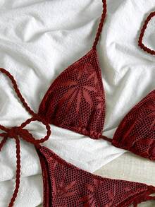 Bikinx 女士波西米亚风树叶印花网纱露背钩编系带棕色比基尼套装，高弹力侧系带泳衣 - 紅木色 - 查看 1