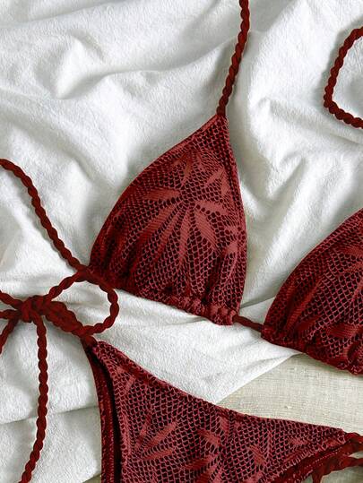 Bikinx Women's Bohemian Leaf Print Mesh Fabric Backless Crochet Tie-Up Brown Bikini Set, High Elasticity Side Tie Swimsuit