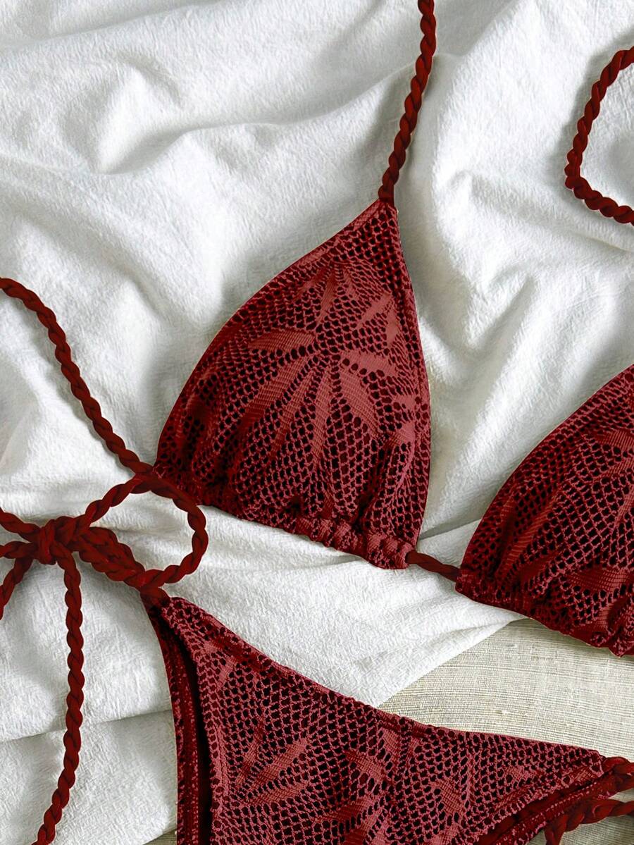 Bikinx 女士波西米亚风树叶印花网纱露背钩编系带棕色比基尼套装，高弹力侧系带泳衣 - 紅木色 - 查看 1