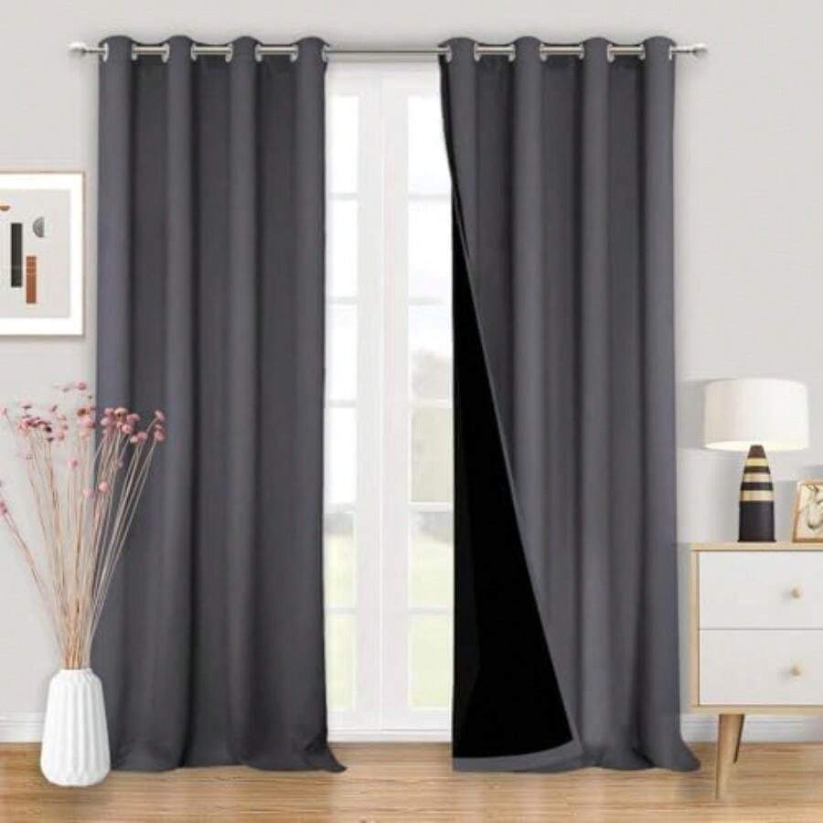 NANWEI 100% Cortinas Blackout, Cortinas Largas con Forro Negro para Estar/Recámara Ventana, Ojales en la Parte Superior, Aislamiento Térmic, Reducción Ruido, 2 Paneles (, 132 x 213.3 cm)(Gris 132An x 241Al cm (2 Paneles)) - Tipo 5 - Ver 1