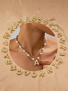 1pc Fashionable & Cute Cheese Design Letter Beaded Pendant Necklace, Elegant & Versatile For Women - Yellow Gold - View 7