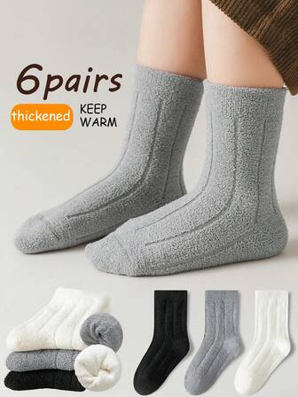 6双装女童纯色保暖袜（1-12岁） - 适合秋冬季节女童穿着，中筒睡袜，加厚保暖，舒适柔软，简约百搭，适合不同风格，日常穿着和外出都很合适。