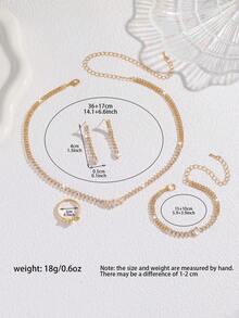 5件套奢华水钻几何项链、耳环、手链、戒指首饰套装，优雅时尚，适合婚礼、派对、日常通勤等场合。 - 金色 - 查看 6