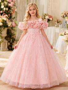 少女褶皱露肩粉色派对礼服，花卉刺绣生日宴会少女服装，优雅婚礼毕业舞会礼服 - 粉色 - 查看 5