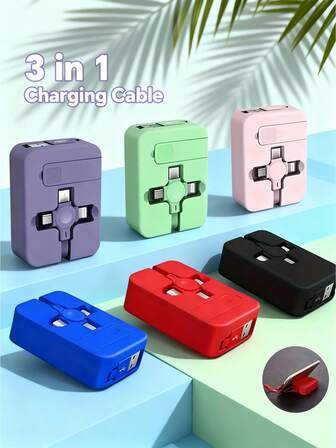 OIITH 3-i-1 utdragbar USB-laddningskabel (inbyggt dolt telefonställ) - universal kompatibel med iPhone 17/16/15/14/13/12/11 Pro Max/XS MAX/XR/XS/X/8/7 Plus/Vivo/OPPO och kompatibel med -serien, universal högeffektiv laddningskabel