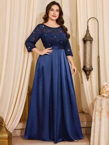 亮片花卉蕾丝撞色缎面褶裥下摆晚宴长裙，优雅正式舞会婚礼宾客礼服，适合毕业典礼、晚宴、生日等春季场合。 - 藏蓝色 - 查看 5