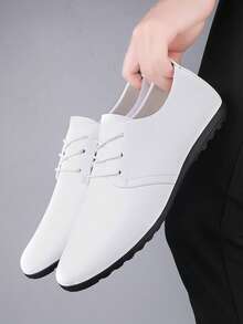 Men's White Lace-Up Wedding Shoes, Groom Shoes, Groomsmen Shoes, Soft & Lightweight Casual Loafers, Moccasins, Daily Simple & Comfortable Classic Leather Shoes, Versatile Business Office Leather Shoes, Durable Driving Shoes - White - View 3
