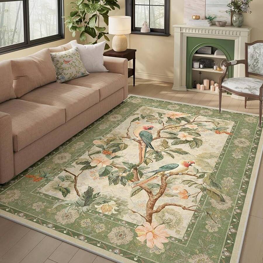 5x8 Area Rug Bedroom, Boho Vintage Floral 5x8 Ft Washable Soft Large Rug Living Room, Dining Room, RV, Car, Non-Slip Floor Carpet With Rubber Backing, Greyish Green - 綠色/多種 - 查看 1