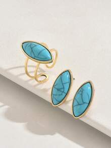 1 Set de Aretes y Anillo de Turquesa Vintage Occidental para Mujer, Anillo Ovalado y Aretes Bohemios