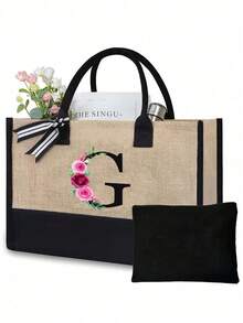 Juego de bolsas de lona con iniciales florales negras de la A a la Z, incluye bolsa de almacenamiento de maquillaje, bolsa de regalo personalizada, adecuada para boda, cumpleaños, playa, vacaciones, escuela, es un gran regalo para mujeres, mamá, maestros, amigos, damas de honor, estudiantes, bolsa grande, artículos de primera necesidad, regalos perfectos para vacaciones, cumpleaños, Acción de Gracias, Pascua, Navidad