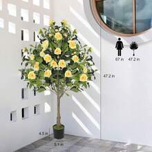 4FT Artificial Camellia Flowers Tree, Fake Plant Plastic Potted With Faux Greenery Leaves Outdoor Indoor Home Decor For Livingroom Garden Patio Yard Office - 黃色 - 查看 4