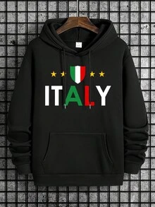 Men's Italy Letter Print Hooded Sweatshirt - Italian-Themed L-TAGLIA Lettering, Casual Pullover Sweater with Hood, Warm Fall Winter Sweater for Layering, Italian Style Outfits (Hand WashDry Clean) - Available! - Negro - Ver 1