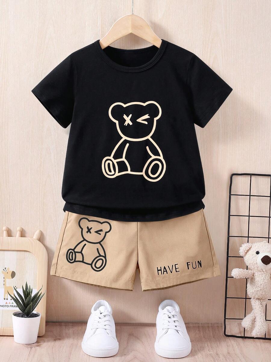 2pcs/Set Toddler Boys Cute Cartoon Bear Printed Top Tee And Shorts, Summer Casual Outfit