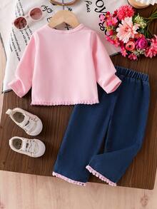 2pcs Baby Girl Fashionable Minimalist Bohemian Style Set: 3D Bow Decor Fringe Trim Crew Neck Long Sleeve T-Shirt Top And 3D Bow Decor Elastic Waist Denim Pants - Pink - View 4