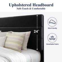 Allewie FULL/Queen/King Size Platform Bed Frame With Velvet Upholstered Headboard And Wooden Slats Support, Fully Upholstered Mattress Foundation/No Box Spring Needed/Easy Assembly, Black - 黑色 - 查看 3