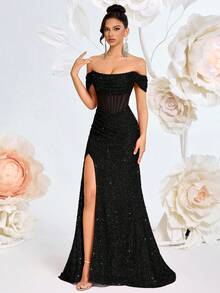 ADYCE Vestido Longo de Formatura com Ombros à Mostra, Cintura Alta, Fenda, Costas Abertas, Amarração nas Costas, Maxi, Formal, Coquetel, Festa, Baile, Encontro à Noite, Ano Novo