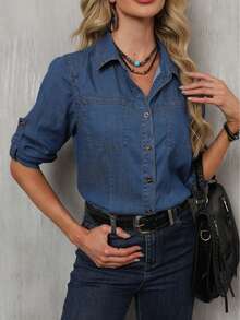 Women Fashion Casual Elegant Denim Button Down Long Sleeve Shirt With Shirt Collar - 藏蓝色 - 查看 5