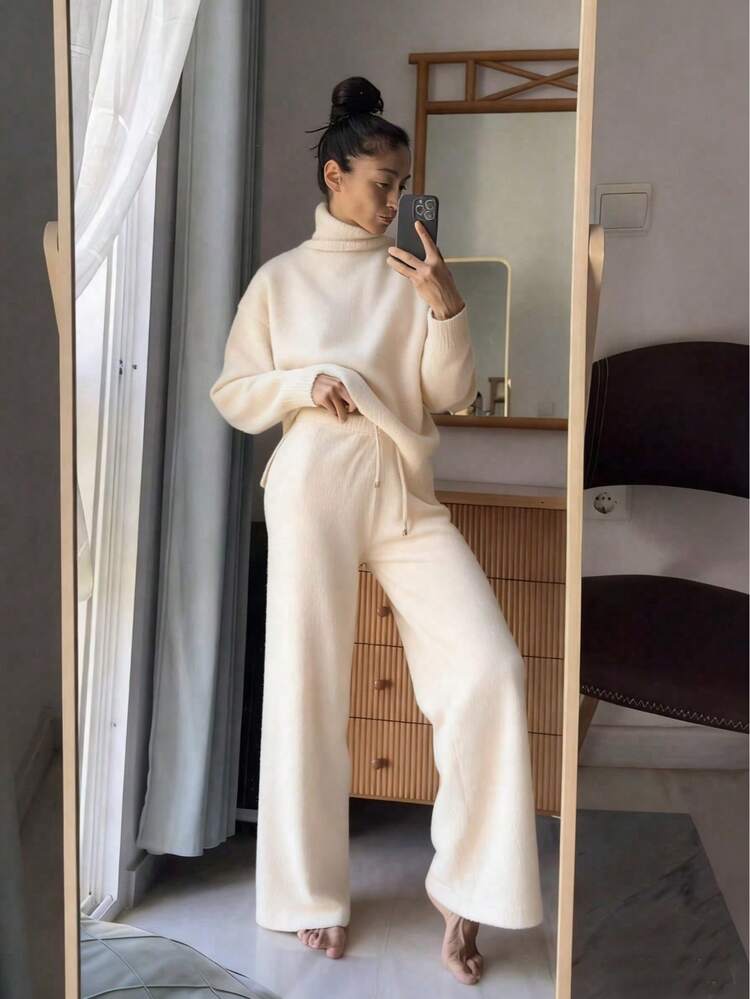 秋冬保暖女士针织毛衣套装+运动裤 - 杏色 - 查看 6