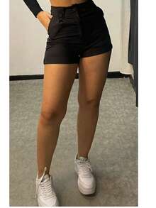 Elegant Women's High-Waisted Dress Shorts With Pockets And Three Buttons - Black - View 4