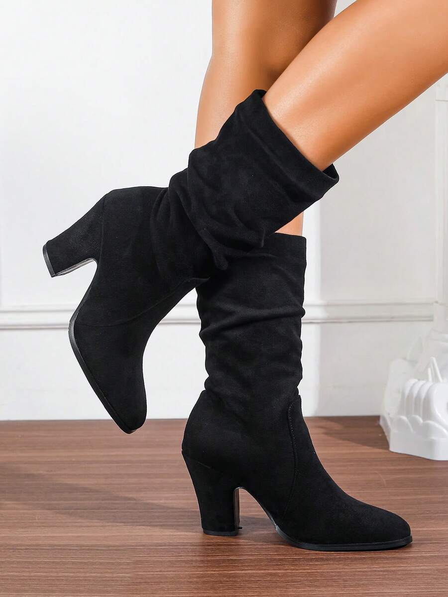 粗跟休闲靴圆头绒面革修身高筒靴女式，新款秋冬中筒马靴，带毛皮 - 黑色 - 查看 1