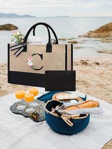 Juego de bolsas de lona con iniciales florales negras de la A a la Z, incluye bolsa de almacenamiento de maquillaje, bolsa de regalo personalizada, adecuada para boda, cumpleaños, playa, vacaciones, escuela, es un gran regalo para mujeres, mamá, maestros, amigos, damas de honor, estudiantes, bolsa grande, artículos de primera necesidad, regalos perfectos para vacaciones, cumpleaños, Acción de Gracias, Pascua, Navidad