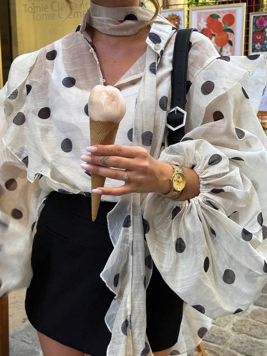 Áo kiểu HUACAITA họa tiết chấm bi cổ điển, tay áo phồng bằng chiffon rộng, bèo nhún, áo sơ mi cài cúc xuyên thấu, phong cách đường phố, kỳ nghỉ hè trên bãi biển, màu trắng. - trắng - Xem 1