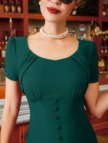 Rochie retro din anii 1950, stil sirenă, cu decolteu în formă de inimă, rochie de cocktail creion - Verde inchis - Vizualizare 5