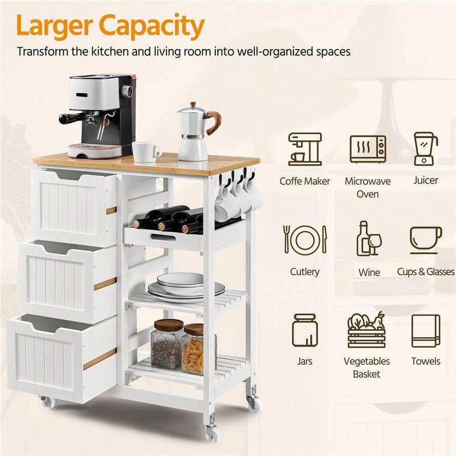 Butterslay 1PC 3-Tier Rolling Kitchen Cart With Drawers, Shelves, And Hooks For Dining Room - 白色 - 查看 1