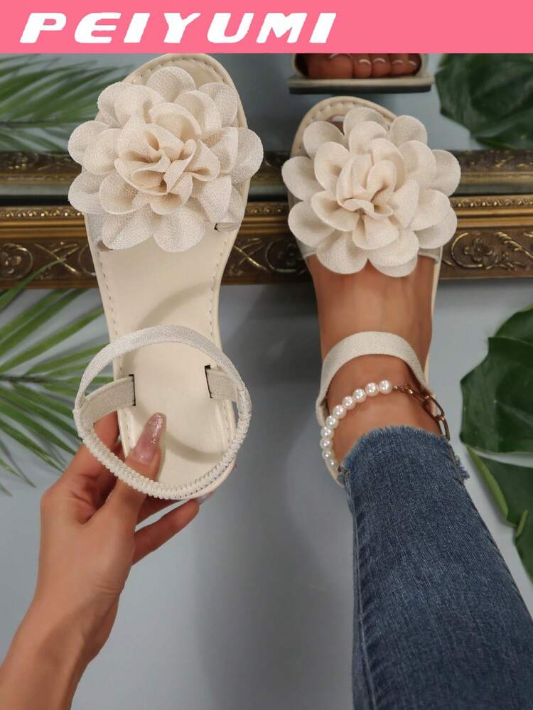 PEIYUMI Sandalias de verano para mujer con decoración de flores, elásticas y cómodas de llevar - Beis - Añade 1