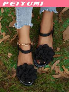 PEIYUMI Women's Sandals, Summer Beach Floral Decor Sandals, Elastic Stretch, Easy To Carry - Black - View 2