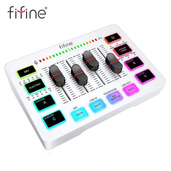 FIFINE Audio Mixer, Gaming Streaming RGB PC Mixer With 4-Channels/XLR Microphone Interface/48V Phantom Power/Volume Fader/Customized Sound Effect/Mute Button, Sound Mixer For Podcast/Recording/Streaming/Video/Game Voice-FIFINE SC3 White