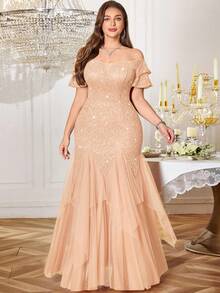 Plus Size Off-Shoulder Ruffle Sleeve Sequin Floral Lace Contrast Mesh Ruffle Hem Evening Long Dress, Wedding Guest Dress, Suitable For Birthday, Graduation Ceremony - Champagne - View 4