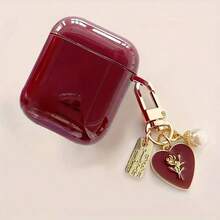 Glossy Wine Red TPU Earphone Protective Case With Faux Pearl Chain And 3D Heart Design, Compatible With Airpods 1/2/3/4, Pro 3/Pro 2, Scratch-Resistant, Shock-Proof, Soft , Mother's Day, Valentine's Day, Birthday Gift, Girlfriend Gift - Burgundy - View 7