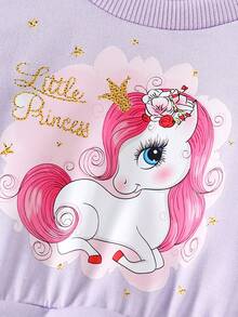 小女孩可爱连衣裙，卡通独角兽图案彩色网纱裙，长袖圆领，时尚公主裙，适合休闲、度假、派对、日常穿着，秋冬季 - 紫色 - 查看 4