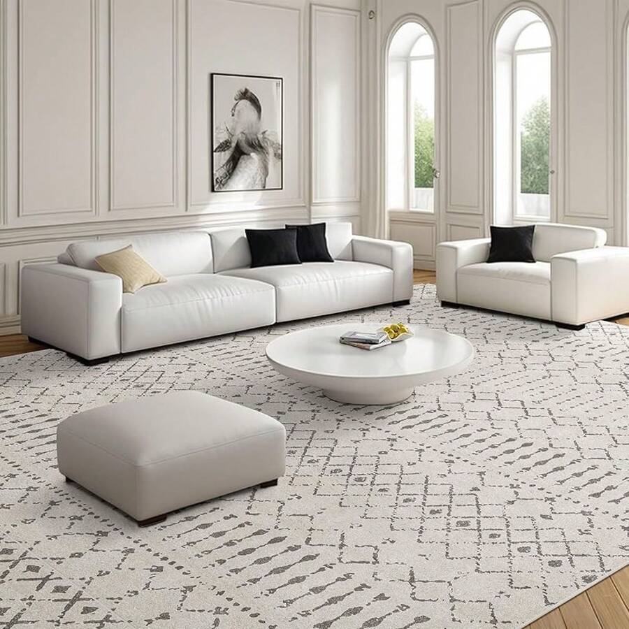 5x8 Washable Area Rug With Non-Slip Backing, Soft Low Pile Indoor Floor Carpet, Neutral Light Brown, Boho Moroccan Style Living Room, Bedroom, Dining Room - Trắng ngà/Xám - Xem 1