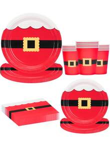 10 Stücke/20 Stücke/50 Stücke/80 Stücke rote Weihnachtsmann Gürtel Weihnachtsparty Zubehör Einweg Geschirr Set Weihnachtsservietten Becher Servietten Weihnachtsparty Dekorationen für Weihnachtsessen Zuhause - Verschiedenfarbig - Übersicht 2