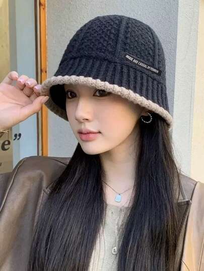 1pc Women's Knitted Bucket Hat, Autumn/Winter, Embroidered Letter Decor, Fashionable & Versatile Bucket Hat