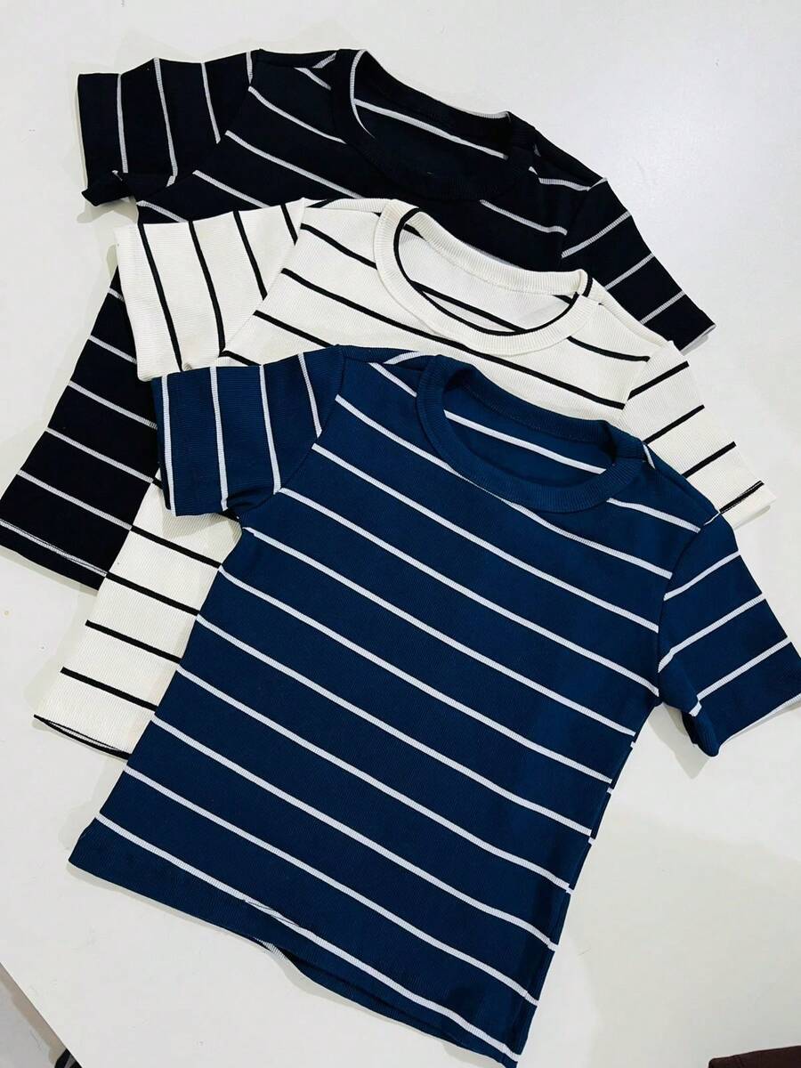 Set Of 3 Women's Short-Sleeve T-Shirts, Plain And Striped, Ribbed Cotton, Basic Style - KIT 3 NAVY BLUE STRIPED - View 1
