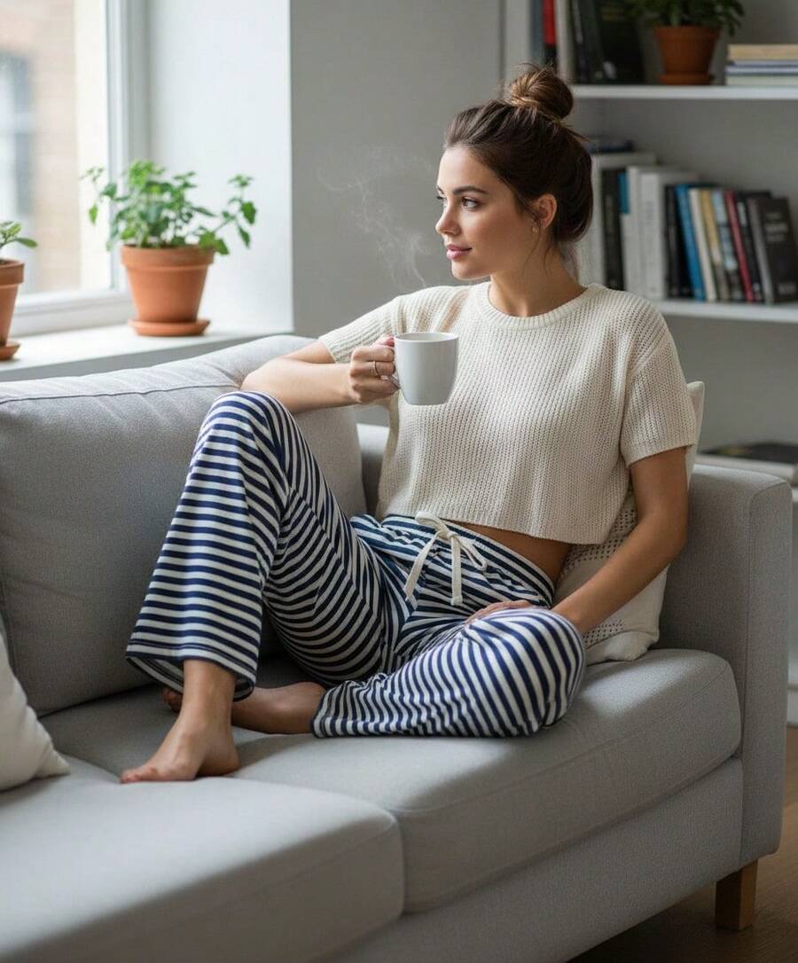 Pantalon Para Mujer Comodo con Agujeta con Estampado a Rayas - Azul Marino - Ver 1
