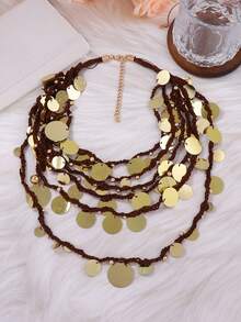 1pc Multi-Layer Braided Rope Exaggerated Waterfall Geometric Round Sequin Necklace - Waterfall Stacking Necklace - View 7