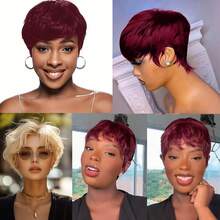 6-Inch 180% Density Layered Wefted Colored Short Straight Elf Wig With Bangs, Black 99J#, Wine Red 613#, Gold Basic Elf Short Wig, Suitable For Daily Wear And Halloween Costume - Multicolor - View 12