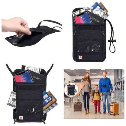 RFID Blocking Stash Neck Wallet, Travel Pouch Passport Holder Women Men - Black