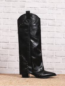 Women's Black Pointed Toe Rivet Low Heel Knee-High Riding Boots, Fashion Boots For Autumn/Winter - Black - View 4