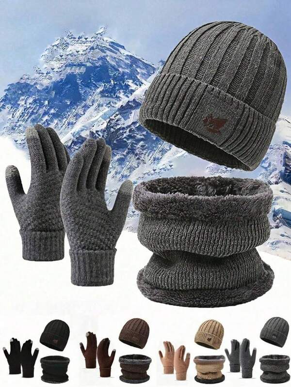 1 Set Herren Herbst/Winter Mütze, Schal und Handschuhe 3-teiliges Set, Outdoor kältebeständige, ohrenschützende, thermisch gefütterte Strickmütze, geeignet für Outdoor-Sport, Radfahren, Skifahren und verschiedene Anlässe