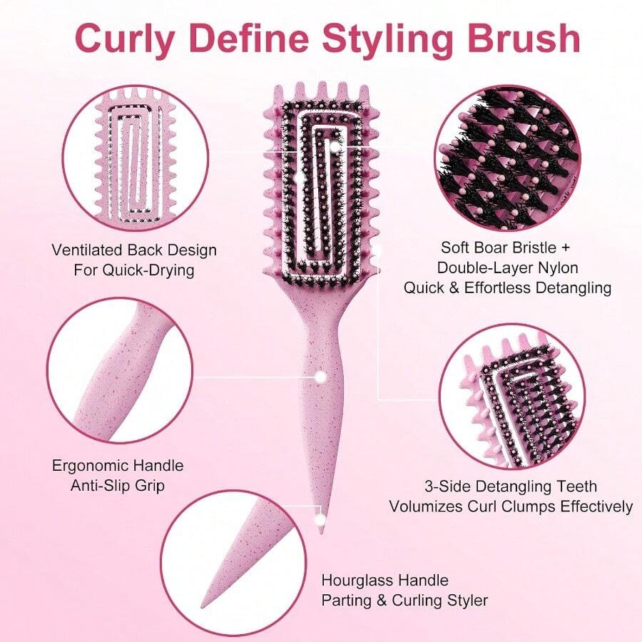 Curly Hair Brush, Curl Defining Brush With Soft Boar Bristles Detangling Tangled Glides, Wide-Teeth Design Effortlessly Shaping & Defining Curls, Curling Definer For Wet & Dry Hair (Green) - Hồng - Xem 1