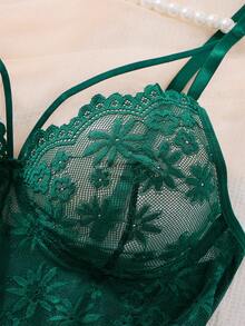 两件套女士酒红色柔软舒适蕾丝碎花爱心睡衣，圣诞节和万圣节礼物，蕾丝性感睡袍带网眼半透明内衣套装，日常家居吊带裙，睡袍 - 綠色 - 查看 3