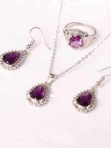 4pcs Teardrop Necklace, Earrings, Ring Jewelry Set, Navy Blue, Women's Fashion Spring Jewelry Set - Royal Blue - View 3