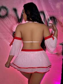 weiweihu 7 Pieces Female Sexy Underwear, Sexy Nightclub Temptation, Lace Milk Silk Stitching, Sexy Uniform Set, Home, Festival, Party, Romantic, Regardless Of Occasion,Sexy Lingerie     Plus Size Sexy Underwear Set Without Wire 7 Pieces [Top + Skirt + Pants + Sleeves *2 + Nipple Patches *2] - 粉色 - 查看 2